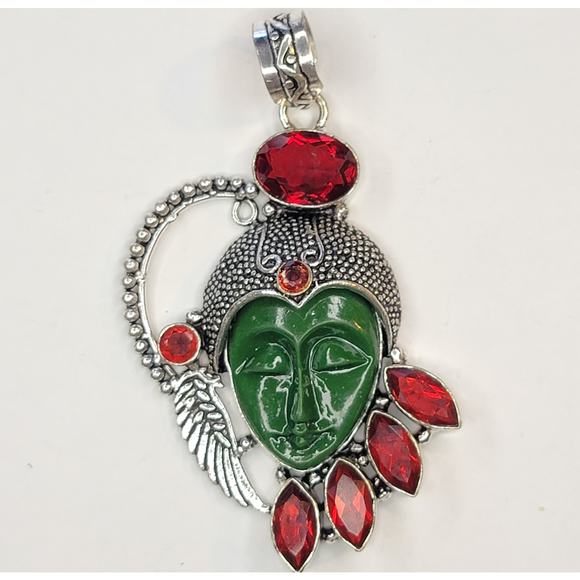 Sterling Silver Pendant with Green Carved Face and Red Garnet Accents - Picture 1 of 10
